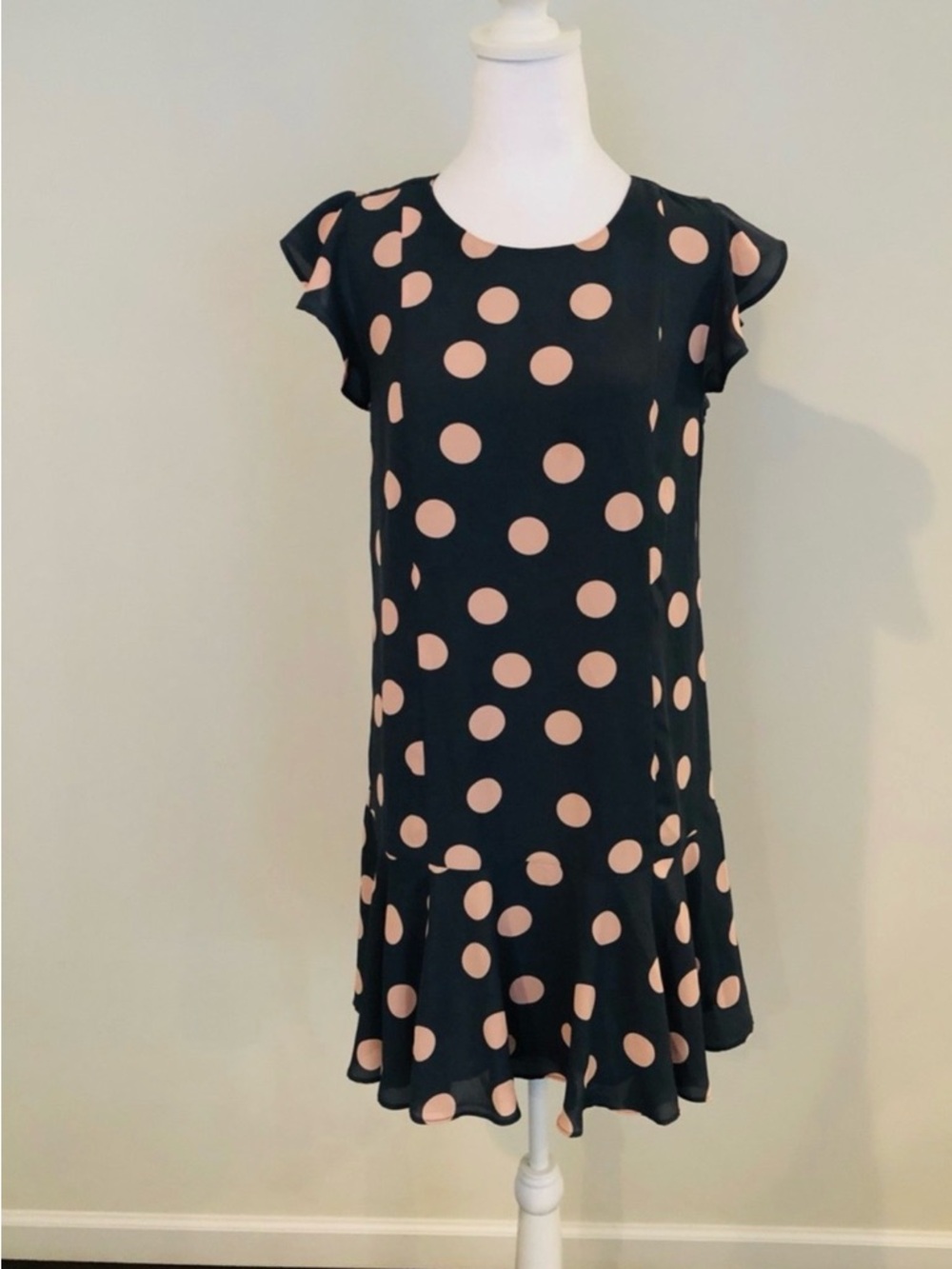 Loft Ann Taylor Grey & Pink polka dress women size sm